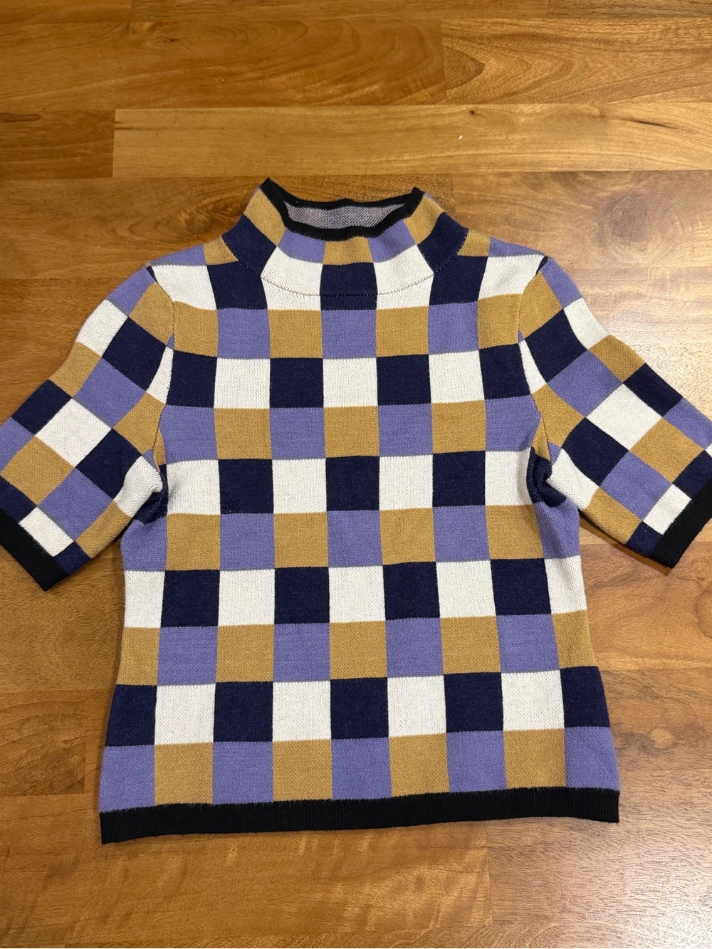 Maeve Purple, Mustard, Navy & White Checkered Short-Sleeve Turtleneck Sweater